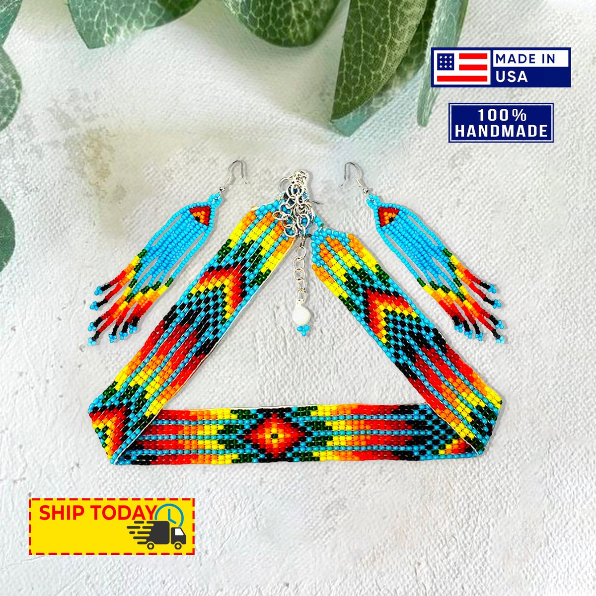 SALE 50 %OFF - Handmade Beaded Blue Orange Yellow Choker Necklace Earring Set