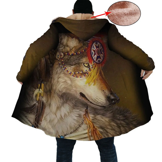 Wolf Spirit Horn Button Long Fleece Windbreaker