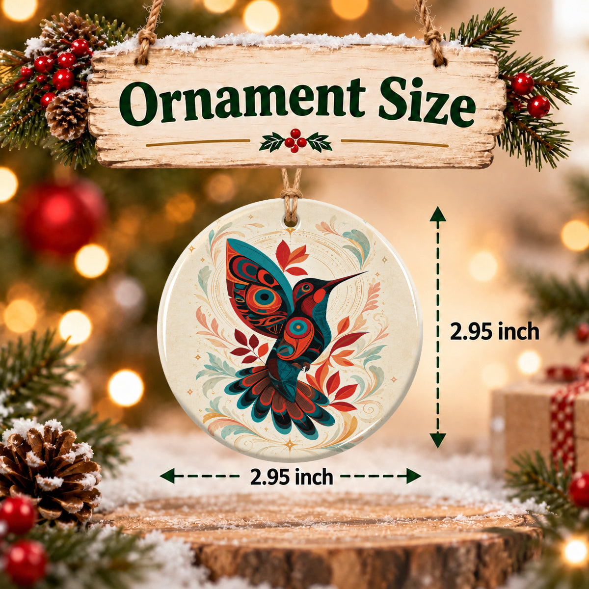 Hummingbird Ember Bloom Ceramic Ornament