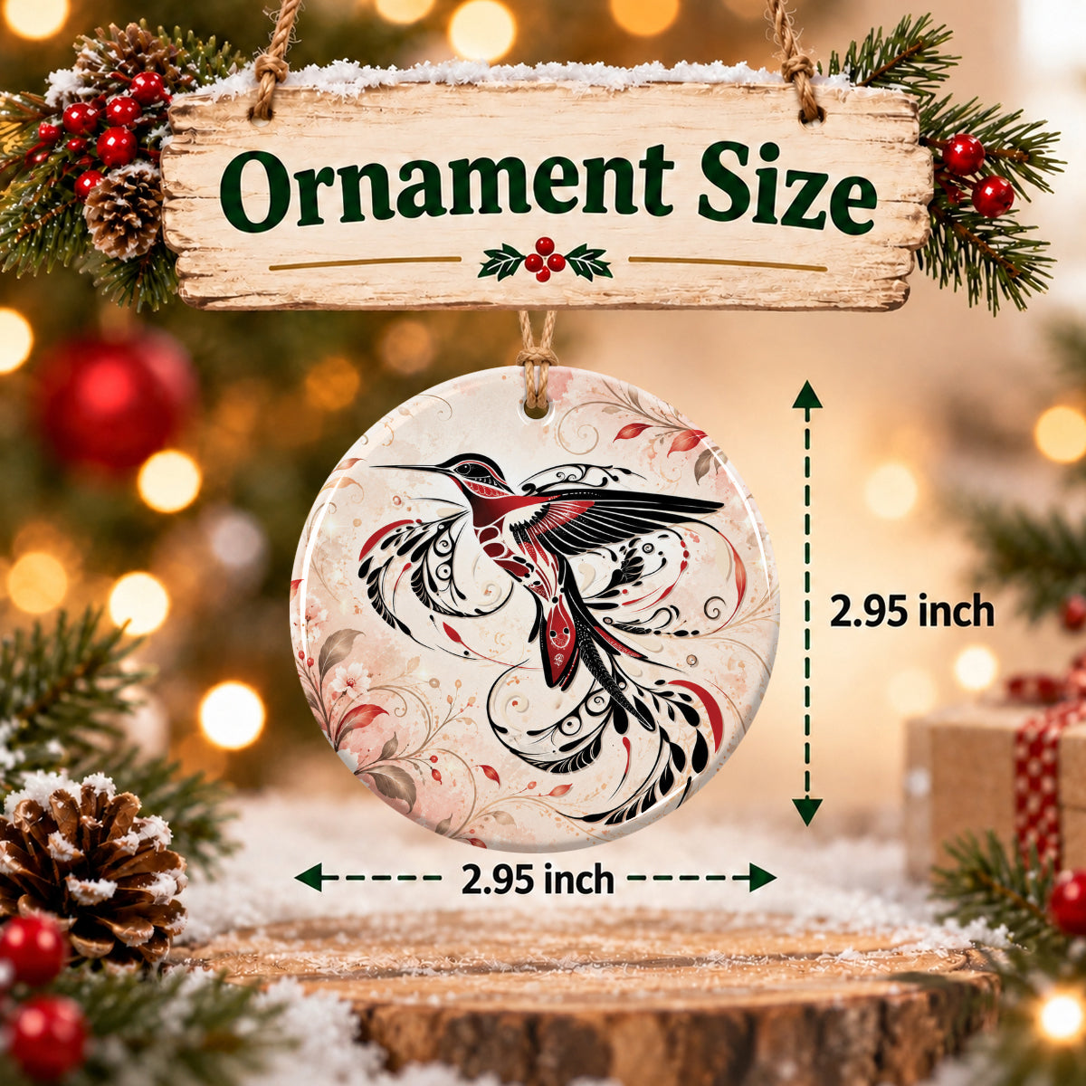 Crimson Hummingbird Flight Ceramic Ornament