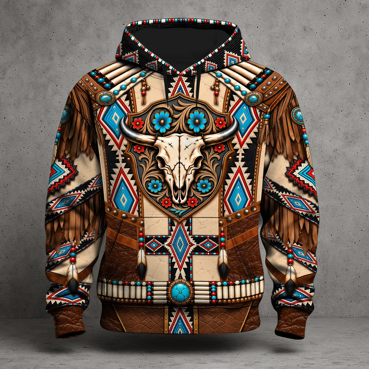 3D Hoodie Native American Faux Leather Vest Hoodie, Southwestern Tribal Eagle Feather Graphic