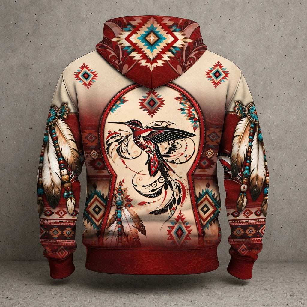 3D Hoodie Native American Faux Leather Vest Hoodie, Southwestern Tribal Eagle Feather Graphic