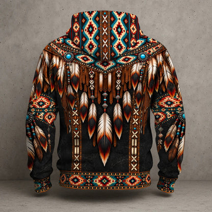 3D Hoodie Native American Faux Leather Vest Hoodie, Southwestern Tribal Eagle Feather Graphic