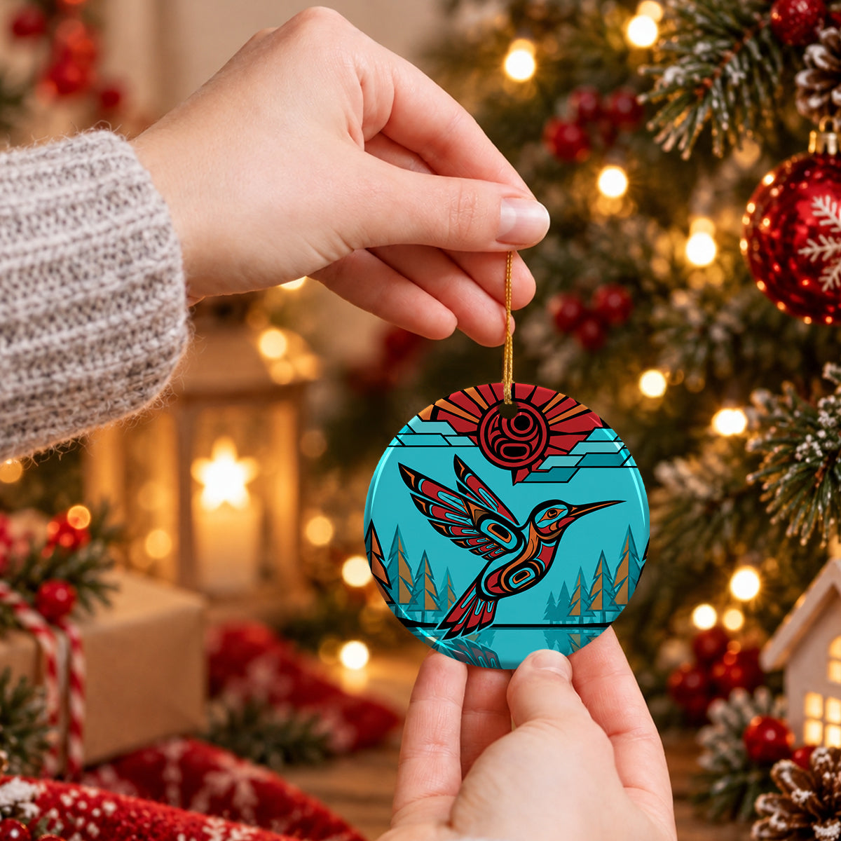 Turquoise Hummingbird Horizon Ceramic Ornament