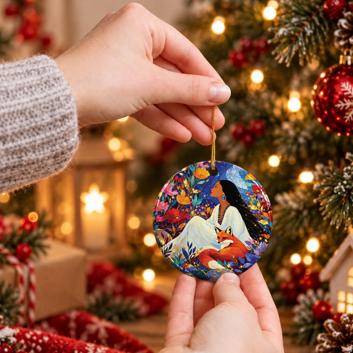 Autumn Fox Woman Ceramic Ornament