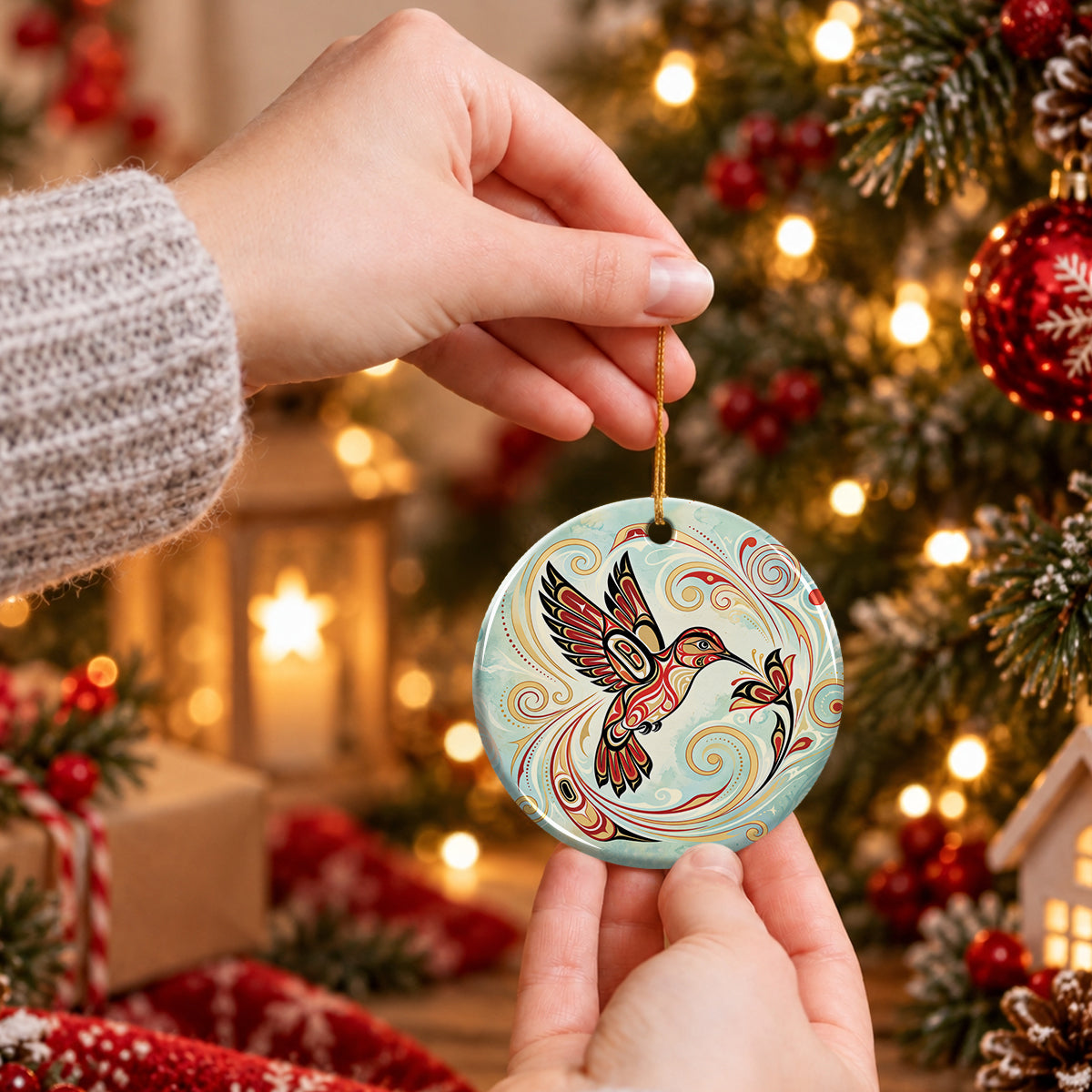 Golden Breeze Hummingbird Ceramic Ornament
