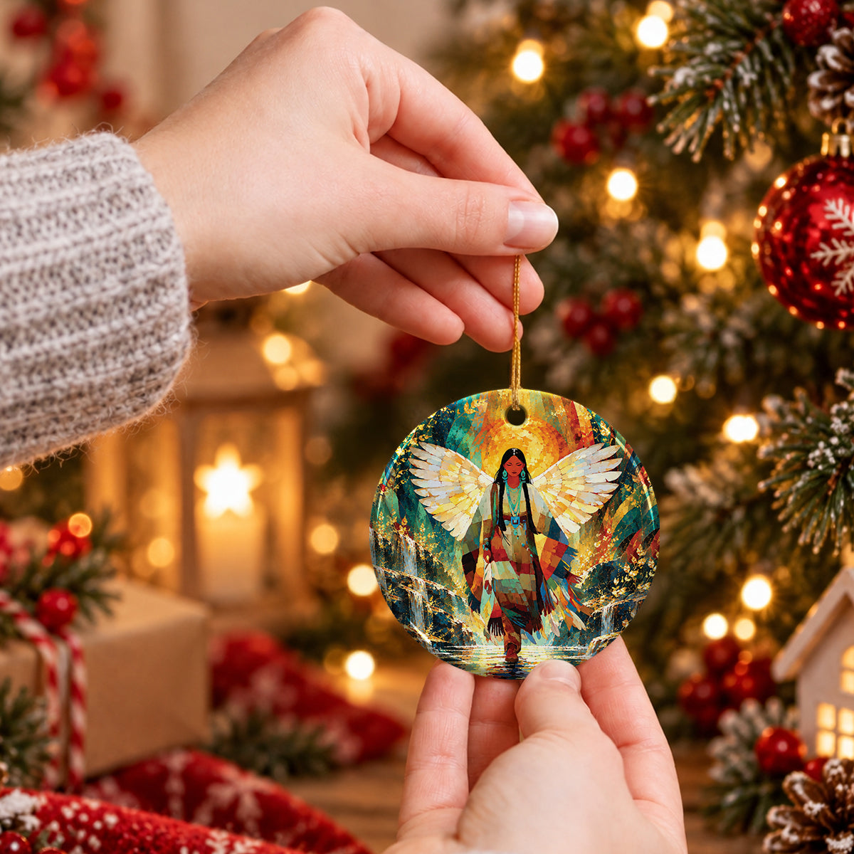 Radiant Feather Woman Ceramic Ornament