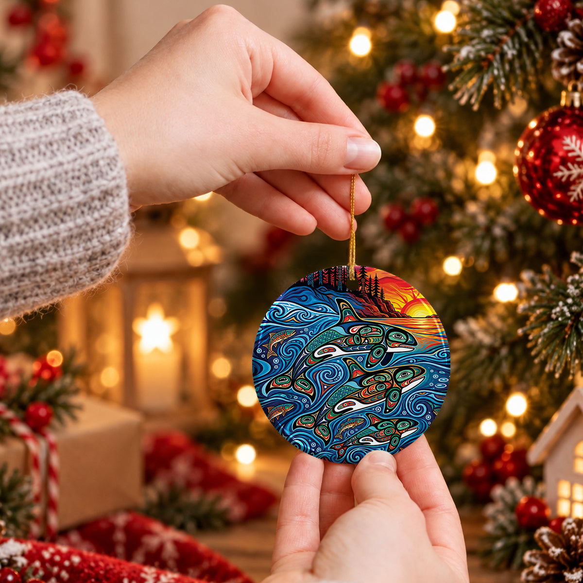 Moonlit Orca Journey Ceramic Ornament