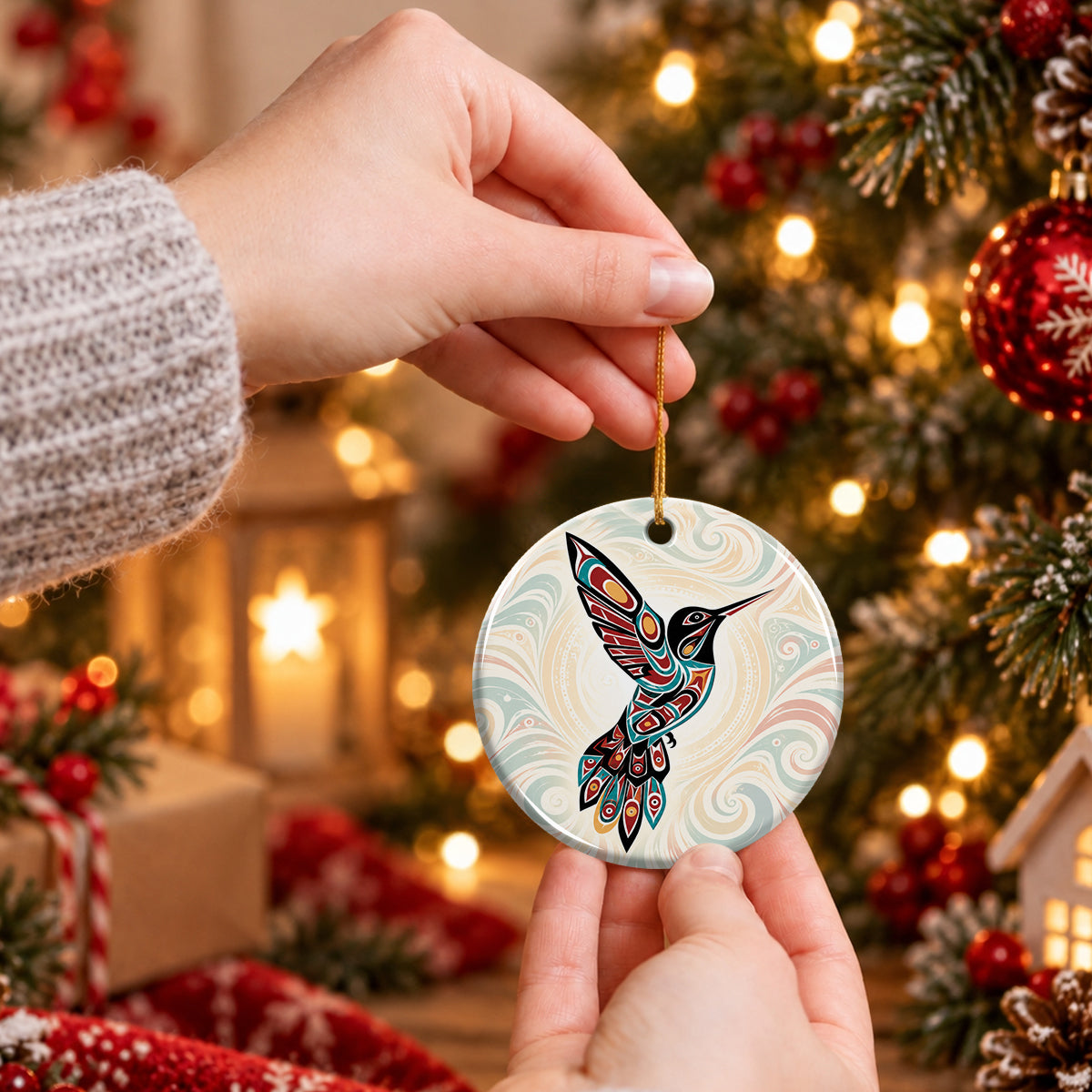 Crimson Hummingbird Grace Ceramic Ornament