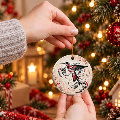 Crimson Hummingbird Flight Ceramic Ornament