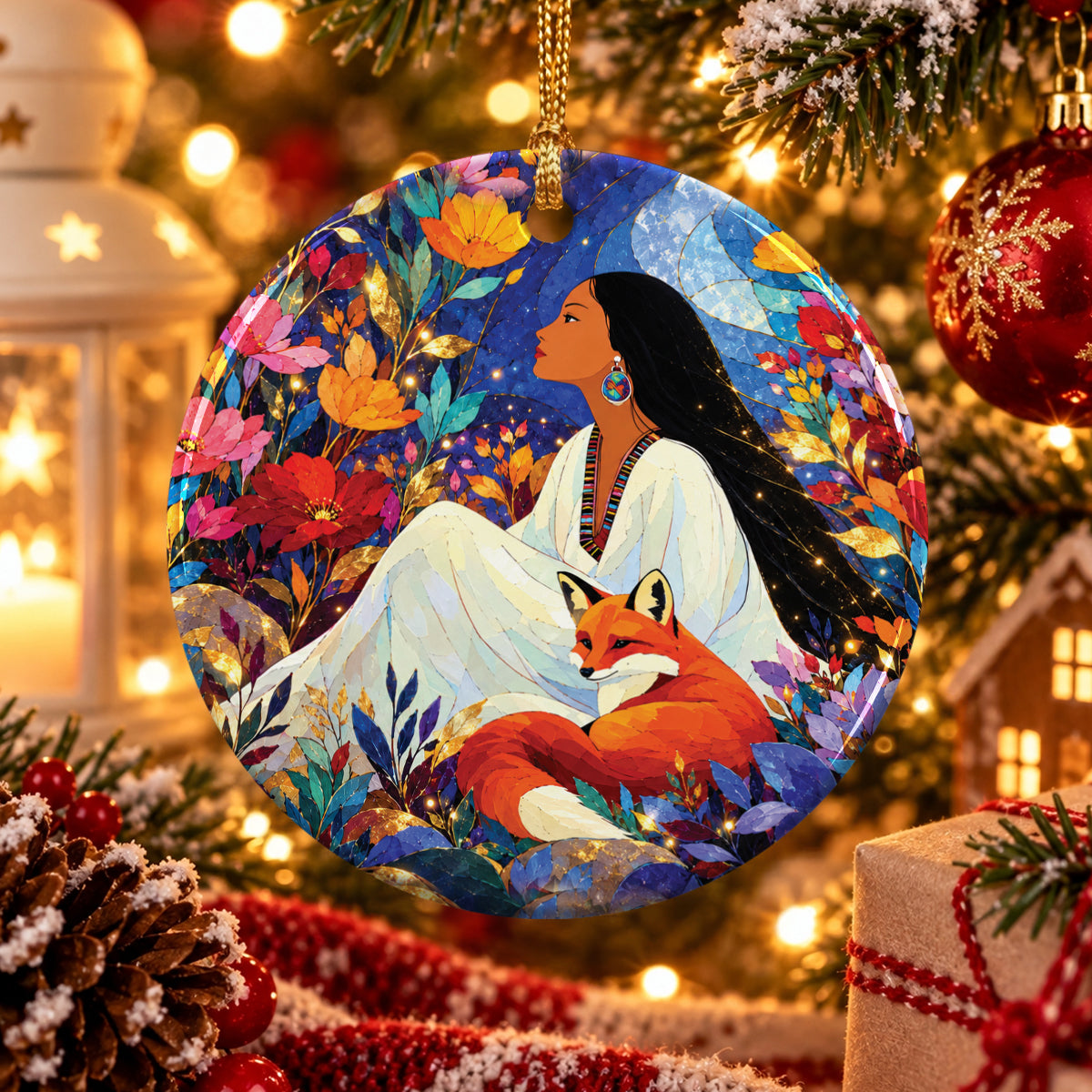 Autumn Fox Woman Ceramic Ornament