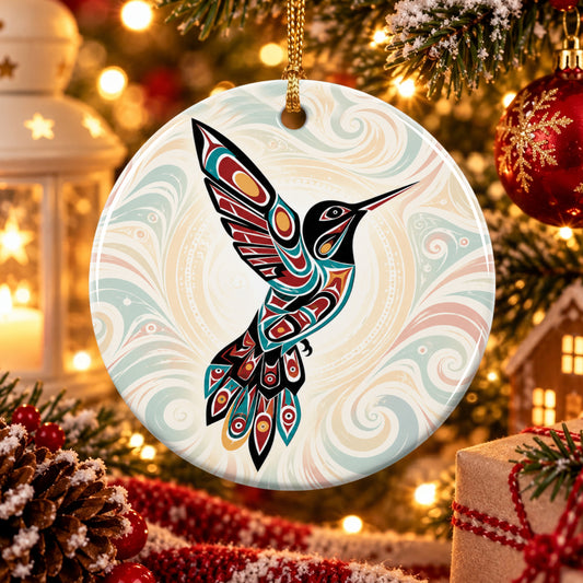 Crimson Hummingbird Grace Ceramic Ornament