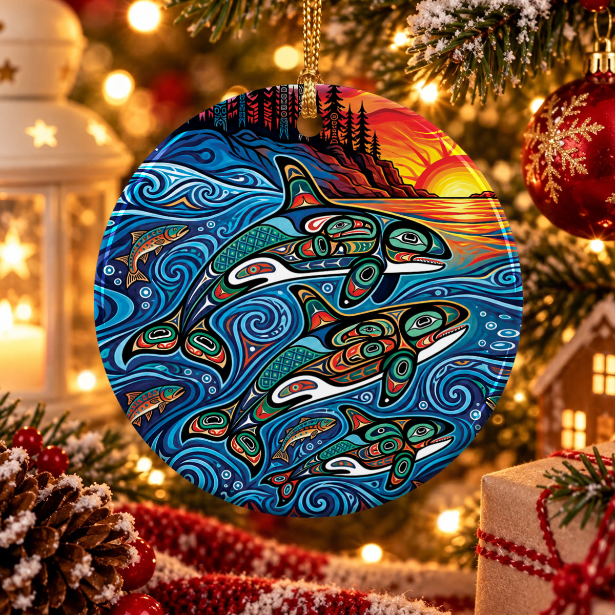 Moonlit Orca Journey Ceramic Ornament