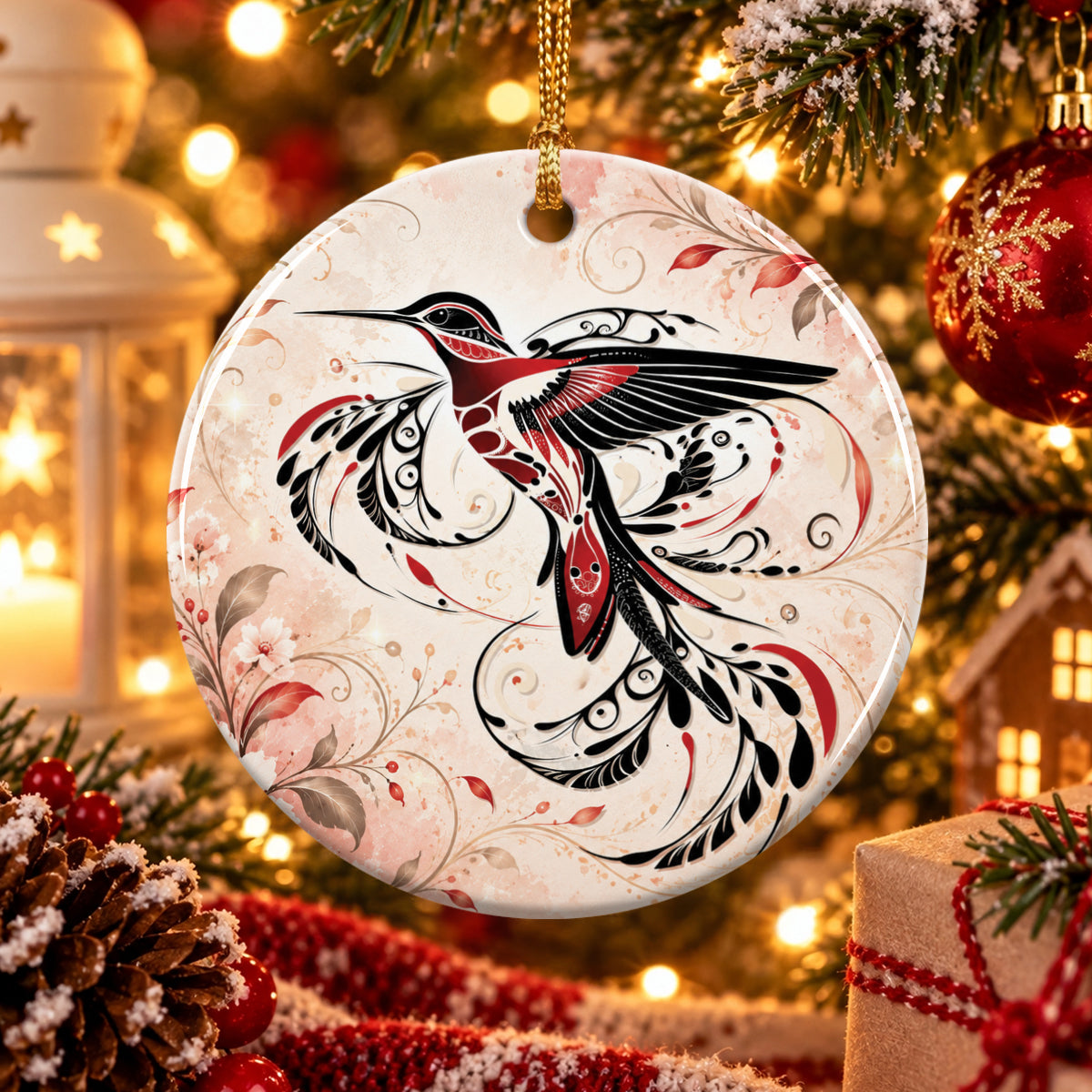 Crimson Hummingbird Flight Ceramic Ornament