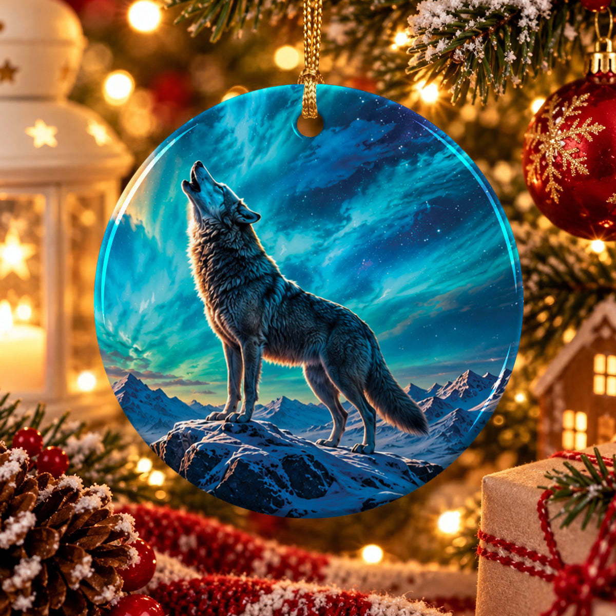 Celestial Wolf Howl Ceramic Ornament