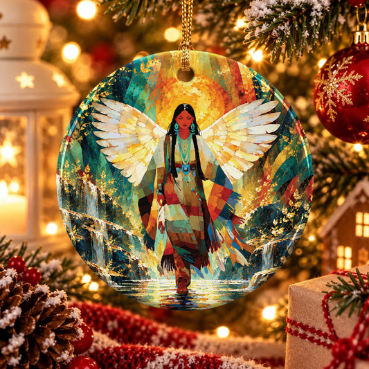 Radiant Feather Woman Ceramic Ornament