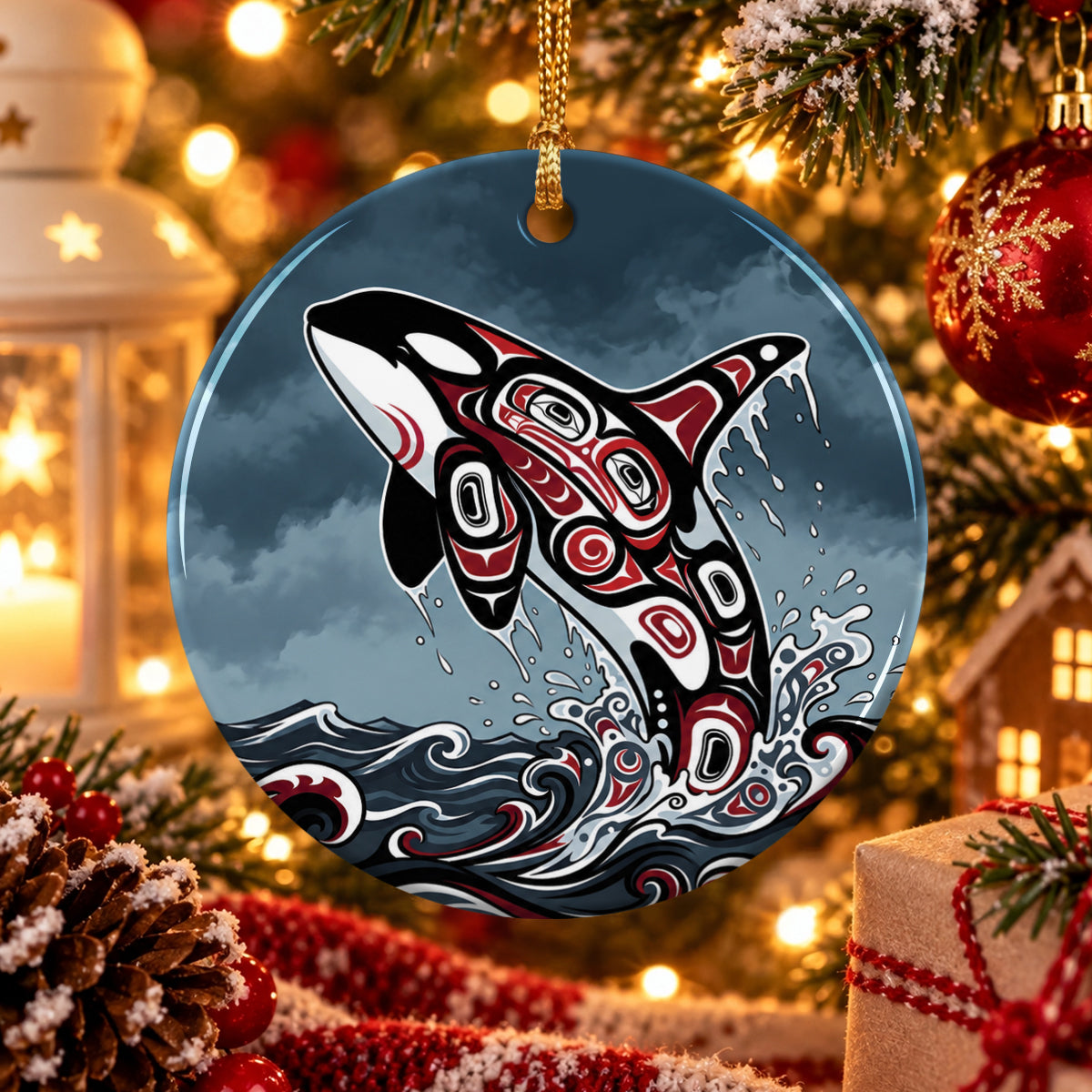 Crimson Orca Rising Ceramic Ornament