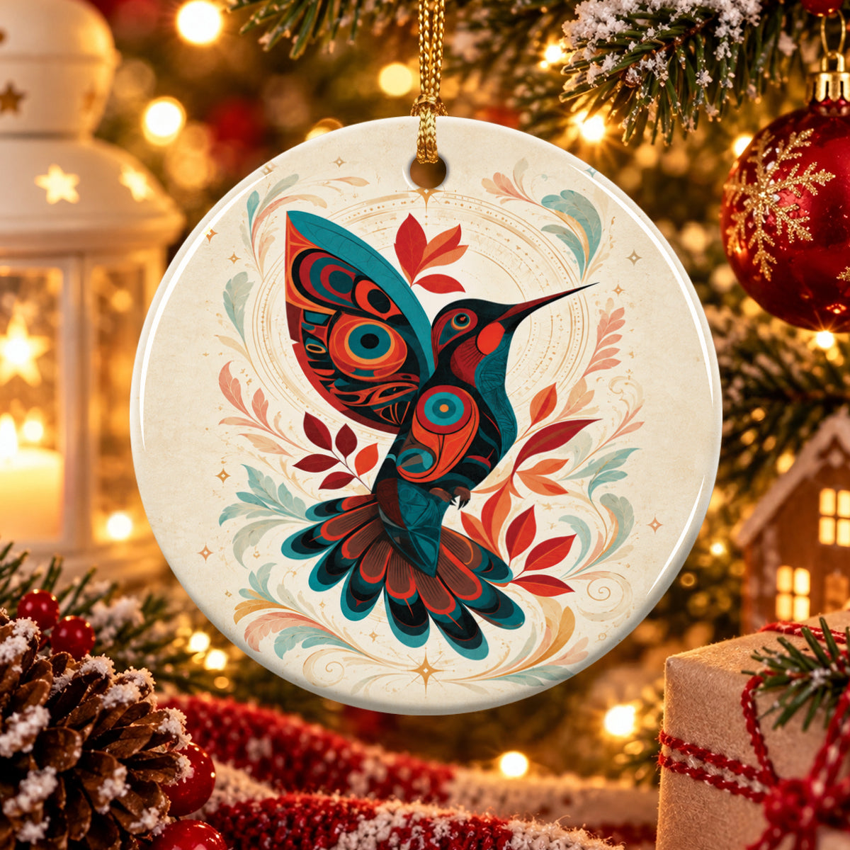 Hummingbird Ember Bloom Ceramic Ornament