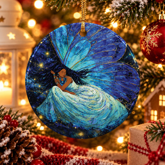 Azure Butterfly Woman Ceramic Ornament
