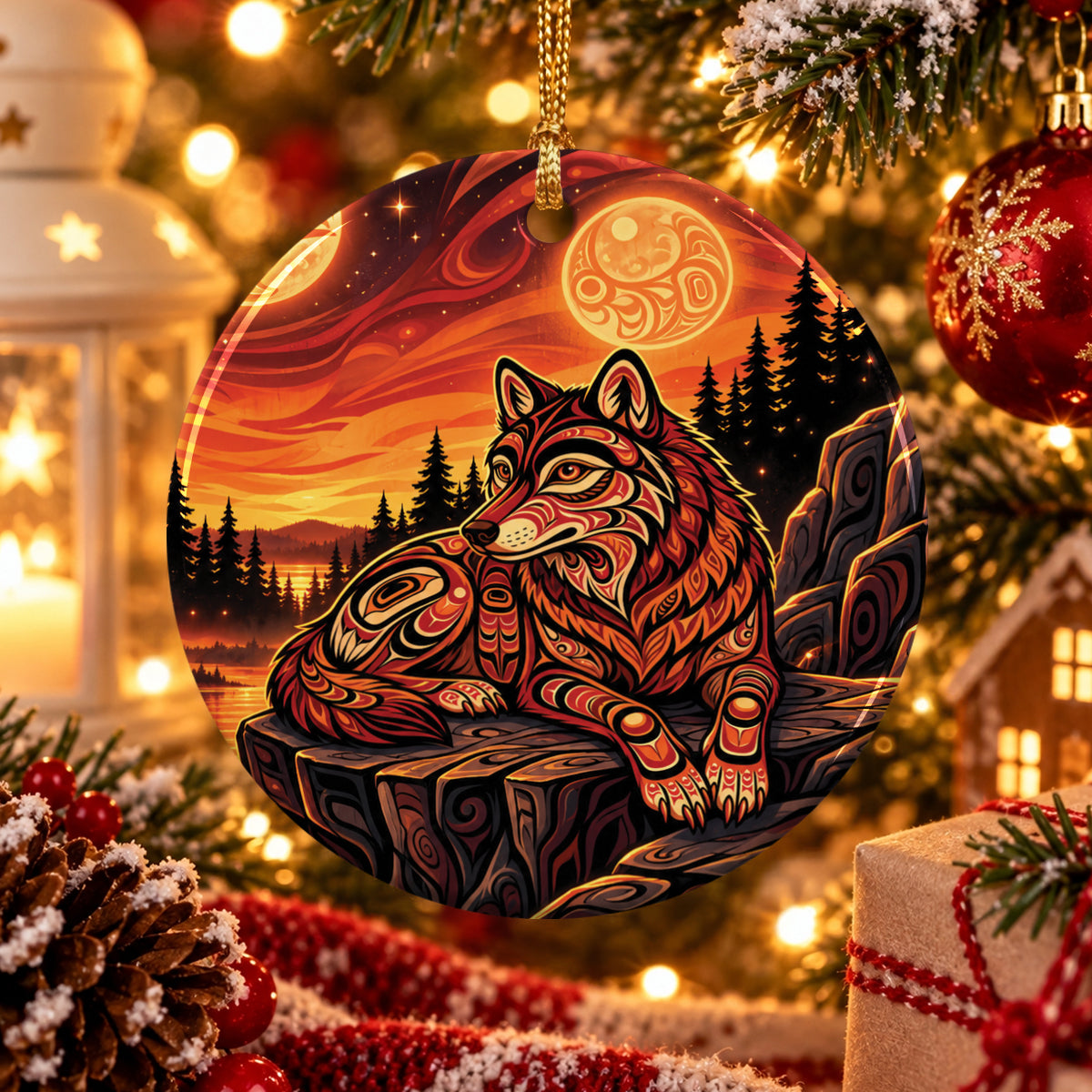 Moonlit Wolf Guardian Ceramic Ornament