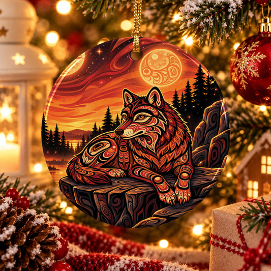 Moonlit Wolf Guardian Ceramic Ornament