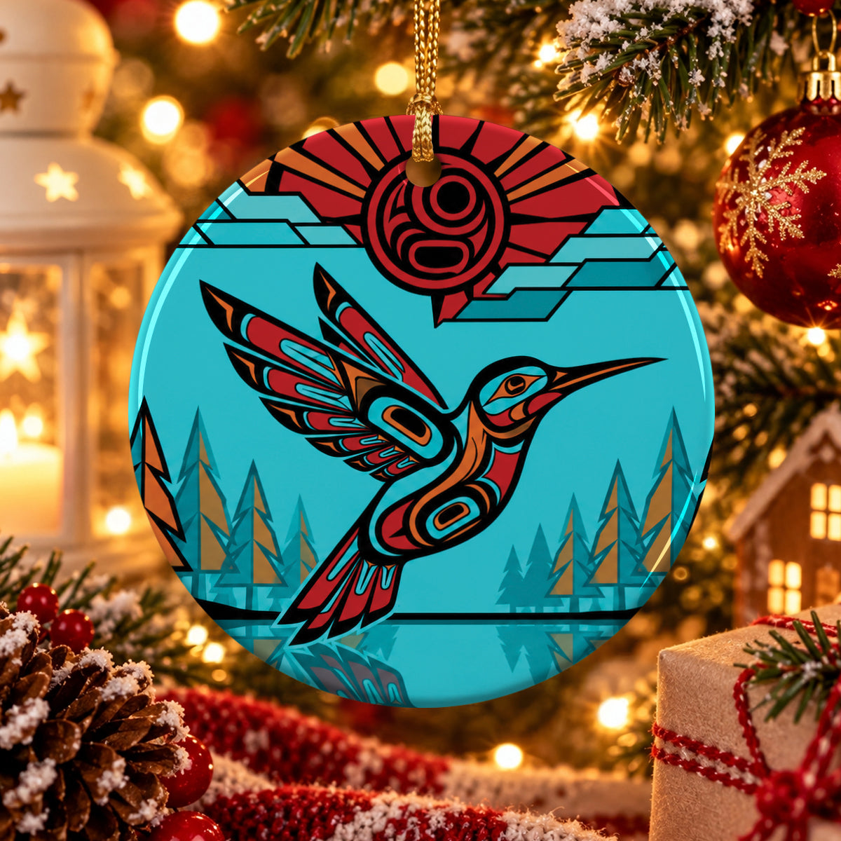 Turquoise Hummingbird Horizon Ceramic Ornament