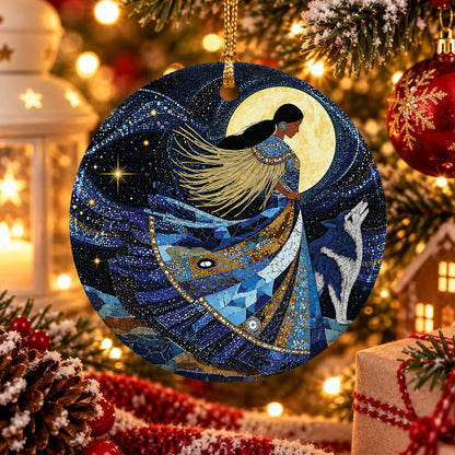 Moonlit Wolf Woman Ceramic Ornament