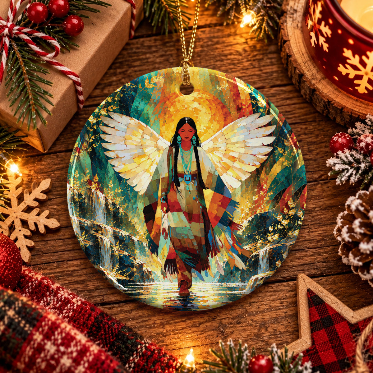 Radiant Feather Woman Ceramic Ornament