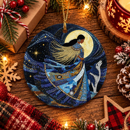 Moonlit Wolf Woman Ceramic Ornament