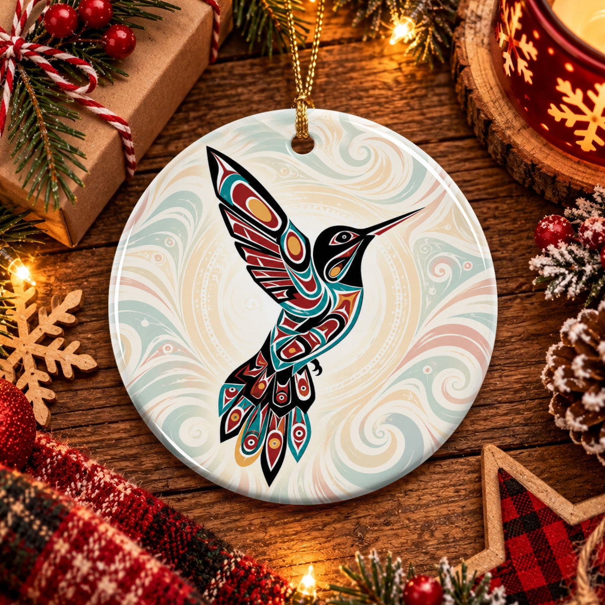 Crimson Hummingbird Grace Ceramic Ornament