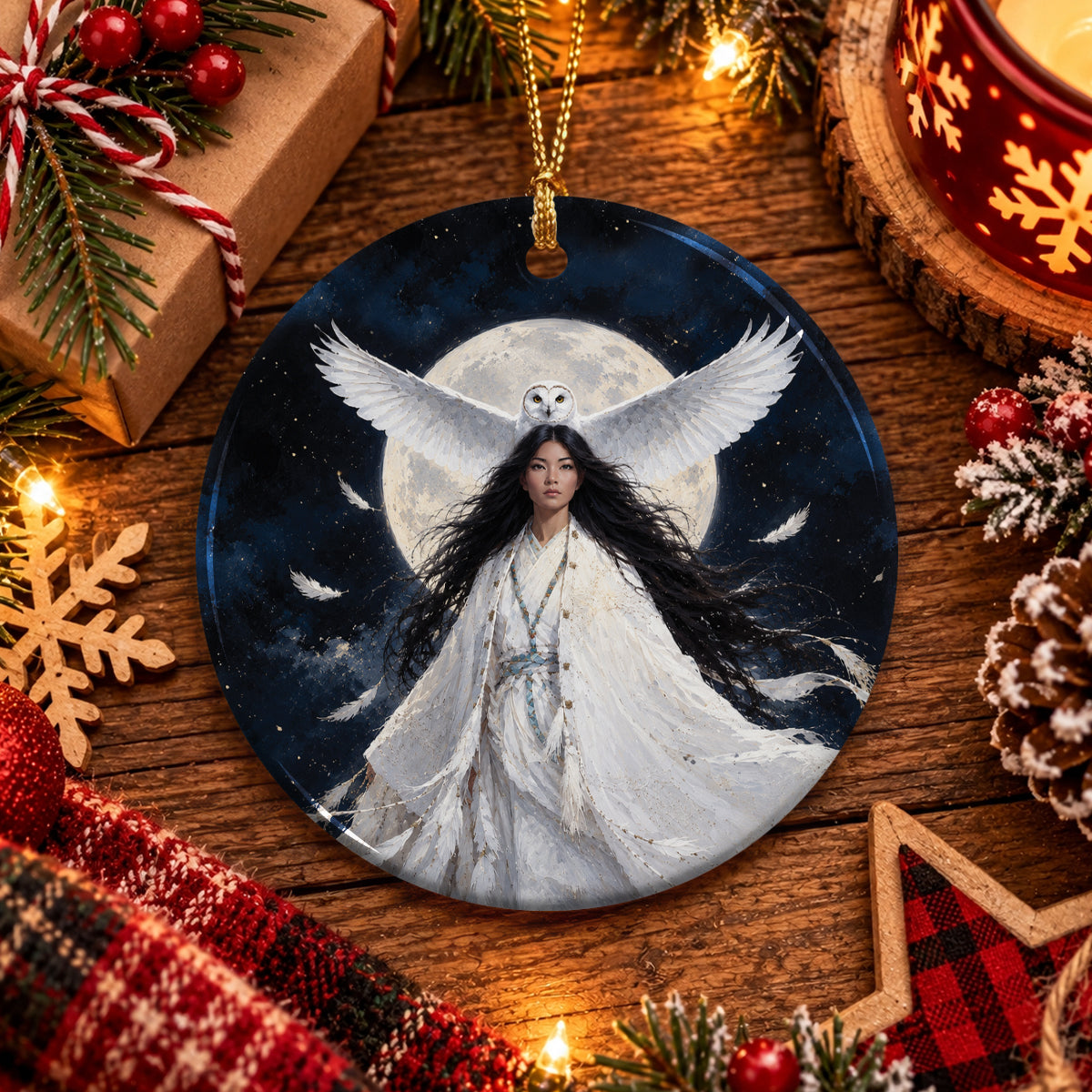 Moonlit Owl Woman Ceramic Ornament