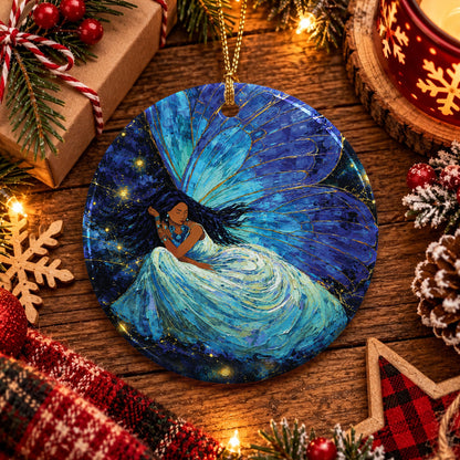 Azure Butterfly Woman Ceramic Ornament