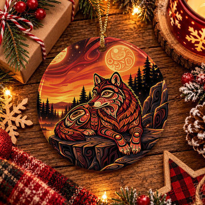 Moonlit Wolf Guardian Ceramic Ornament