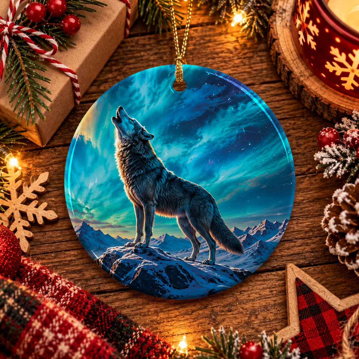 Celestial Wolf Howl Ceramic Ornament
