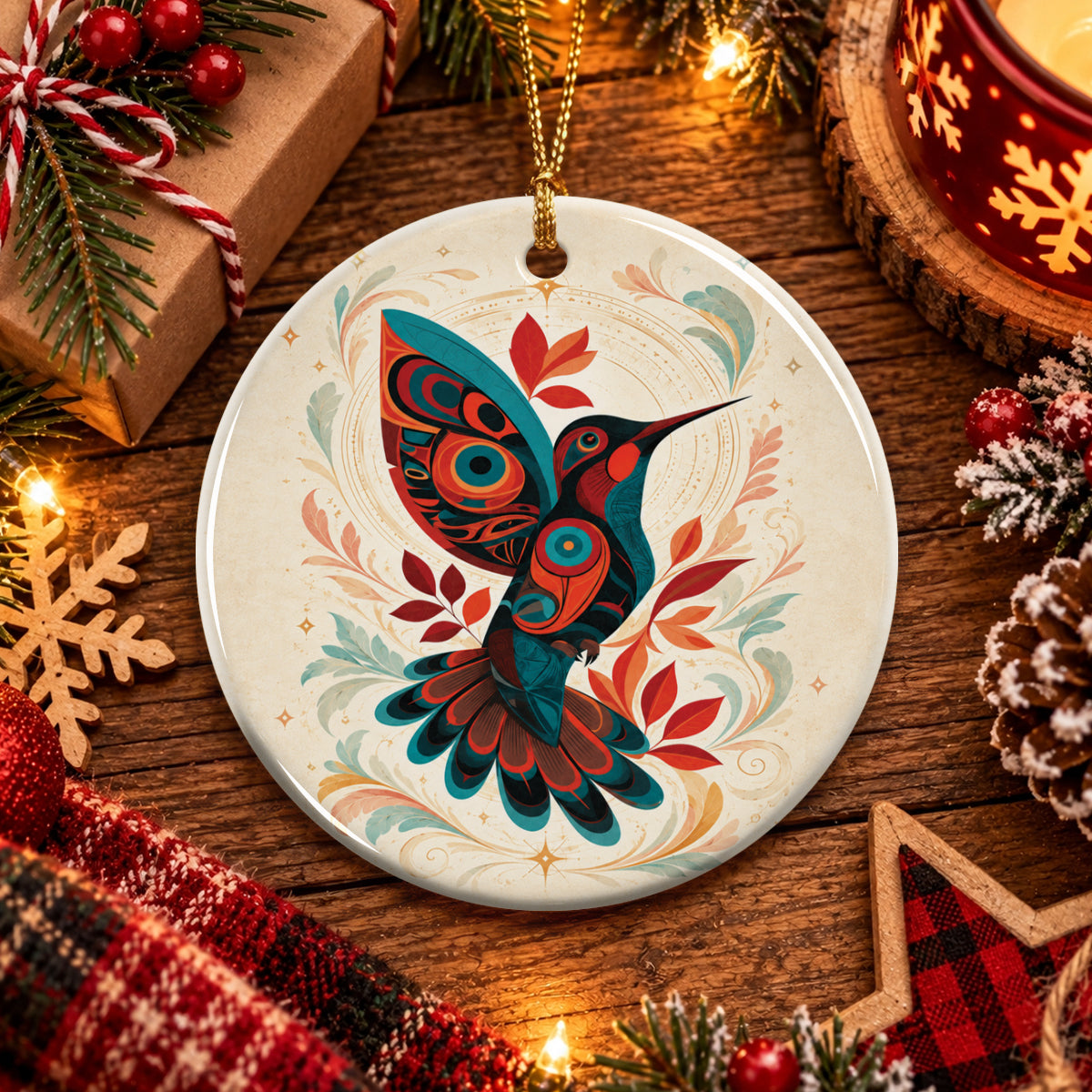 Hummingbird Ember Bloom Ceramic Ornament
