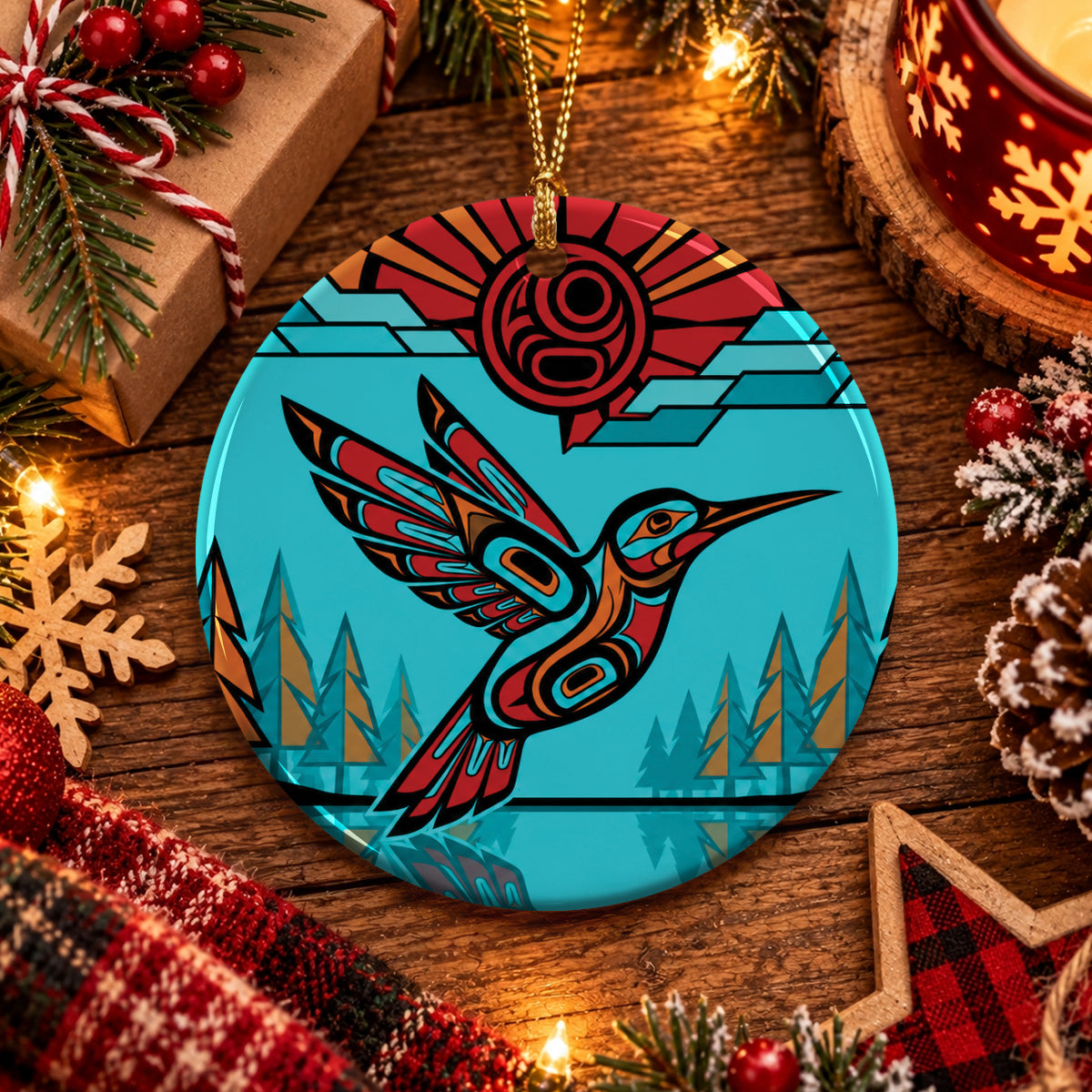 Turquoise Hummingbird Horizon Ceramic Ornament