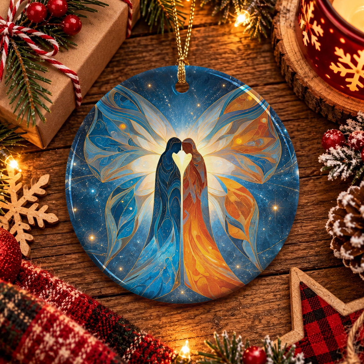 Twin Souls Embrace Ceramic Ornament