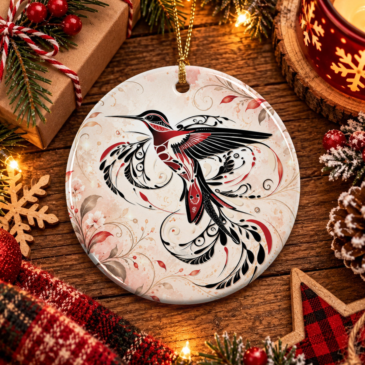 Crimson Hummingbird Flight Ceramic Ornament