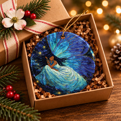 Azure Butterfly Woman Ceramic Ornament
