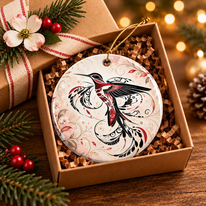 Crimson Hummingbird Flight Ceramic Ornament