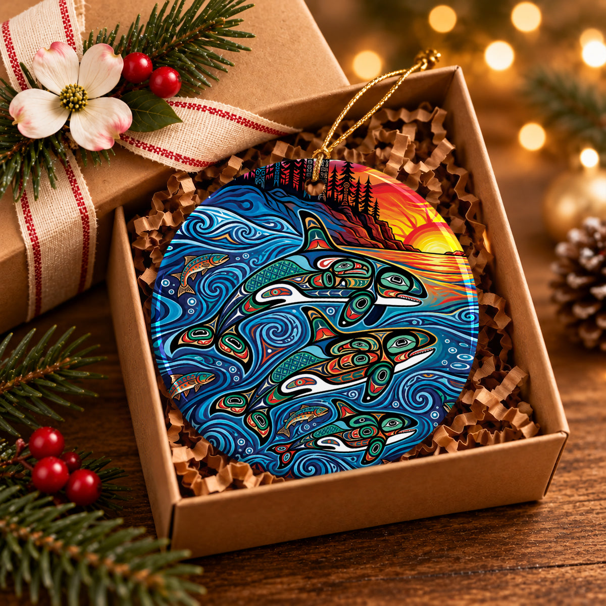 Moonlit Orca Journey Ceramic Ornament