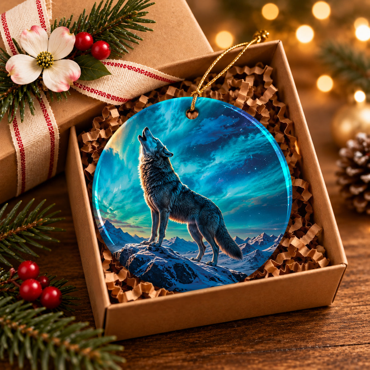 Celestial Wolf Howl Ceramic Ornament