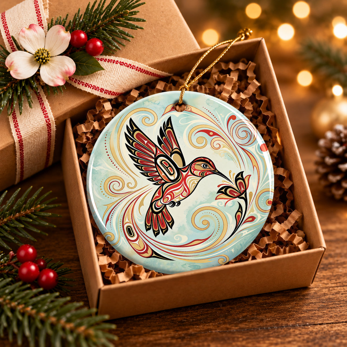 Golden Breeze Hummingbird Ceramic Ornament