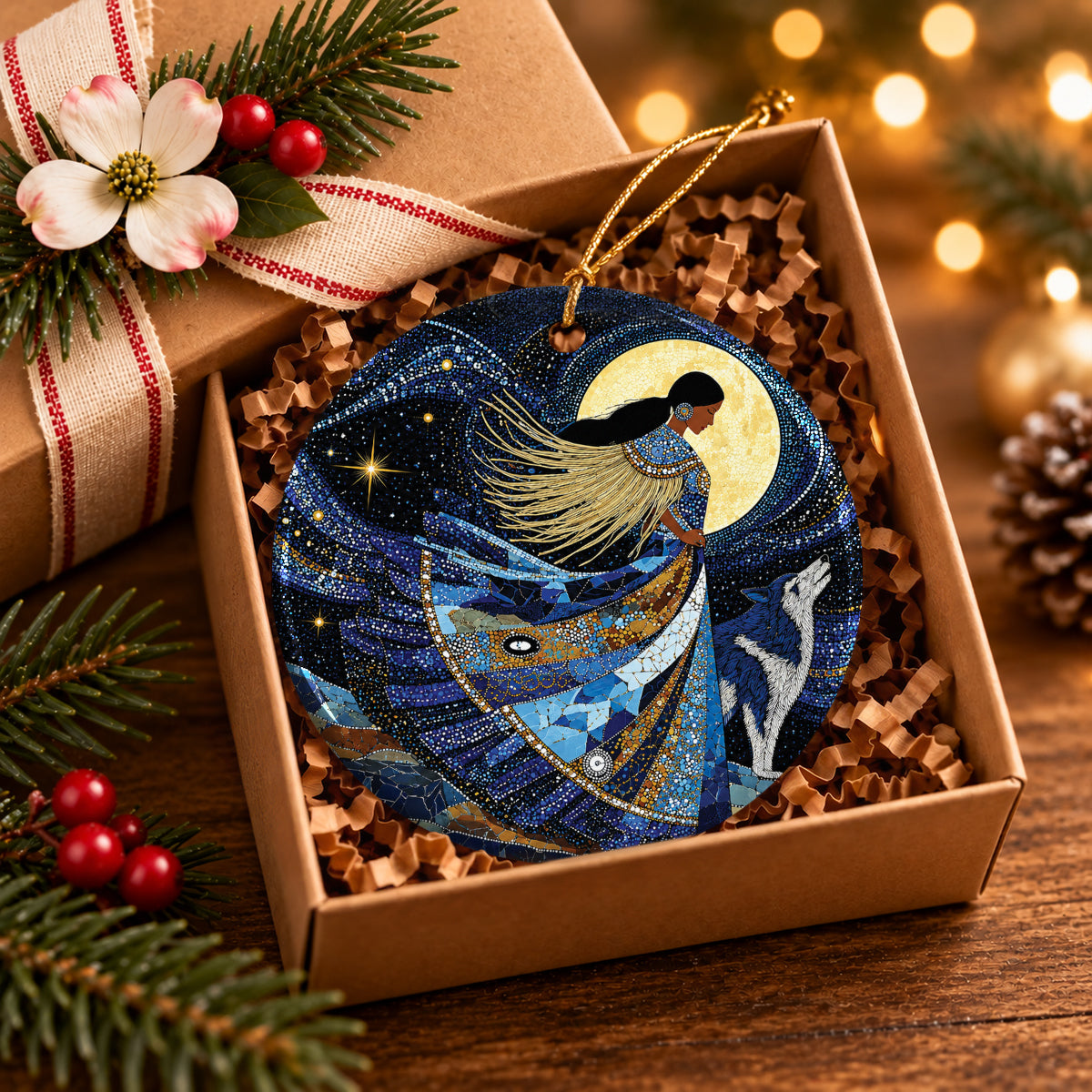 Moonlit Wolf Woman Ceramic Ornament