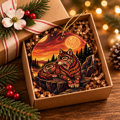 Moonlit Wolf Guardian Ceramic Ornament