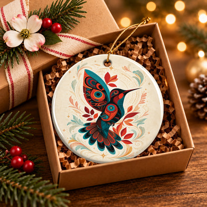 Hummingbird Ember Bloom Ceramic Ornament