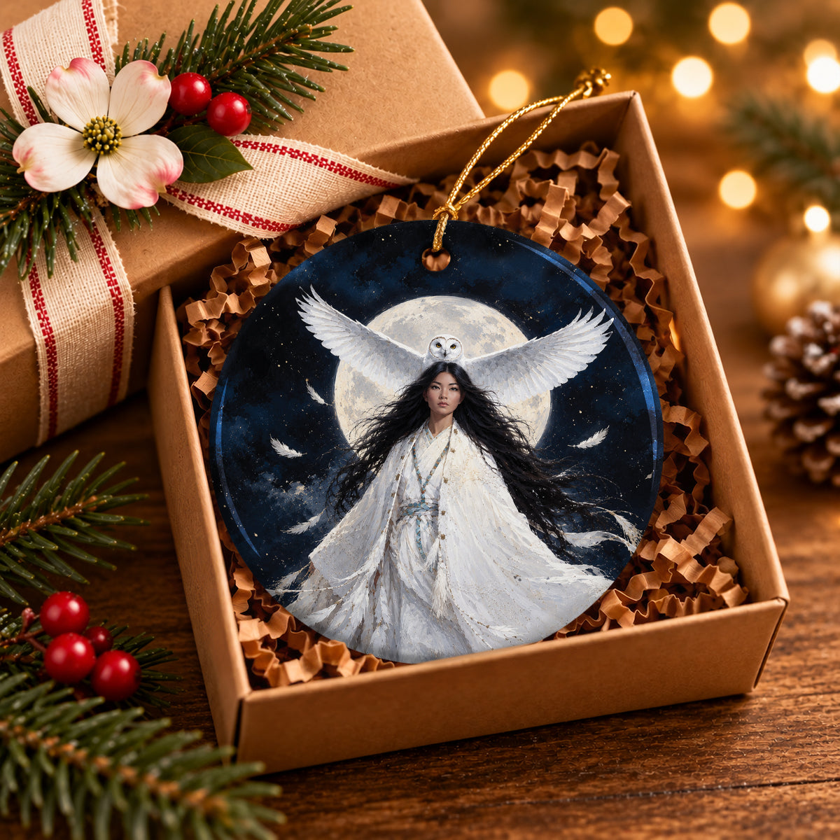 Moonlit Owl Woman Ceramic Ornament