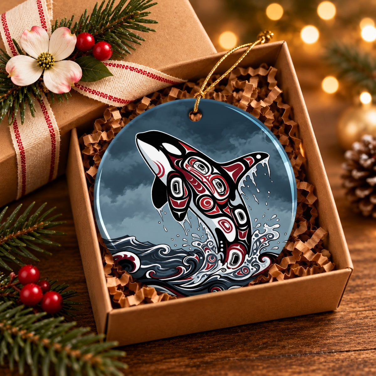 Crimson Orca Rising Ceramic Ornament