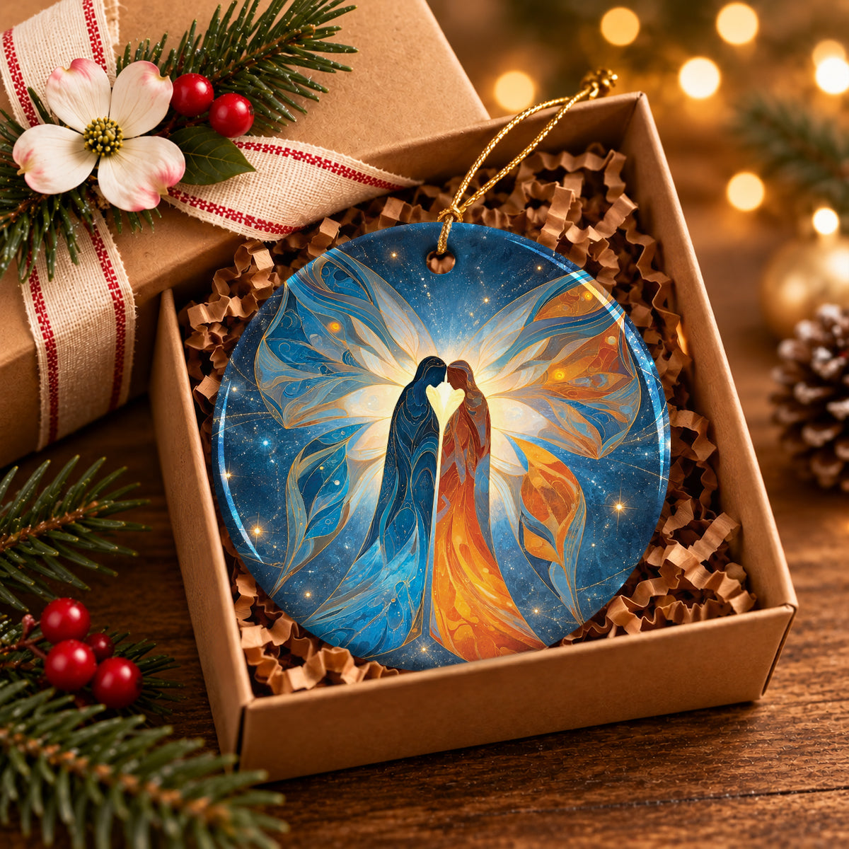 Twin Souls Embrace Ceramic Ornament
