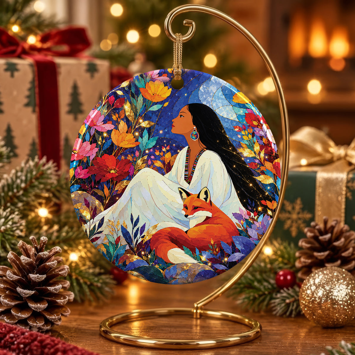 Autumn Fox Woman Ceramic Ornament